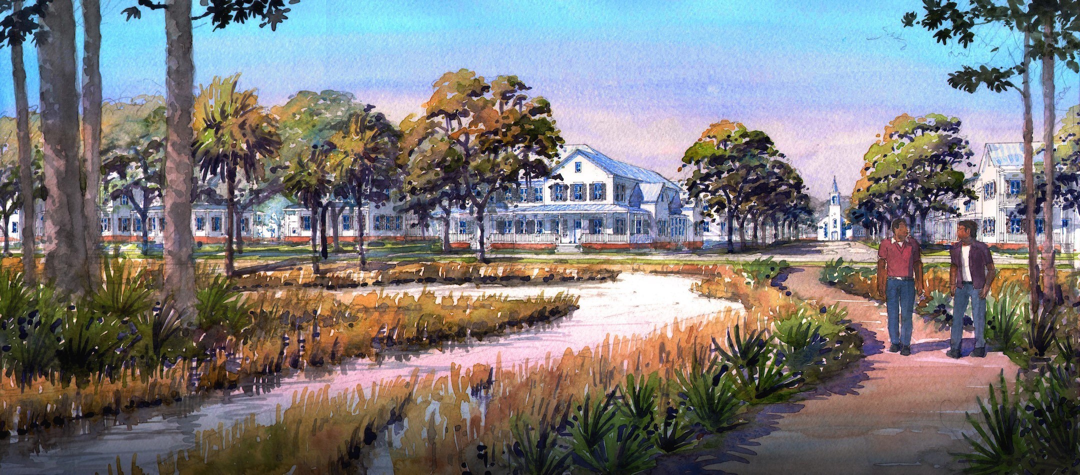 An illustration of the trail and town center at Newfield